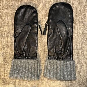 Anthropologie Black Leather Mittens with Gray Knit Cuff